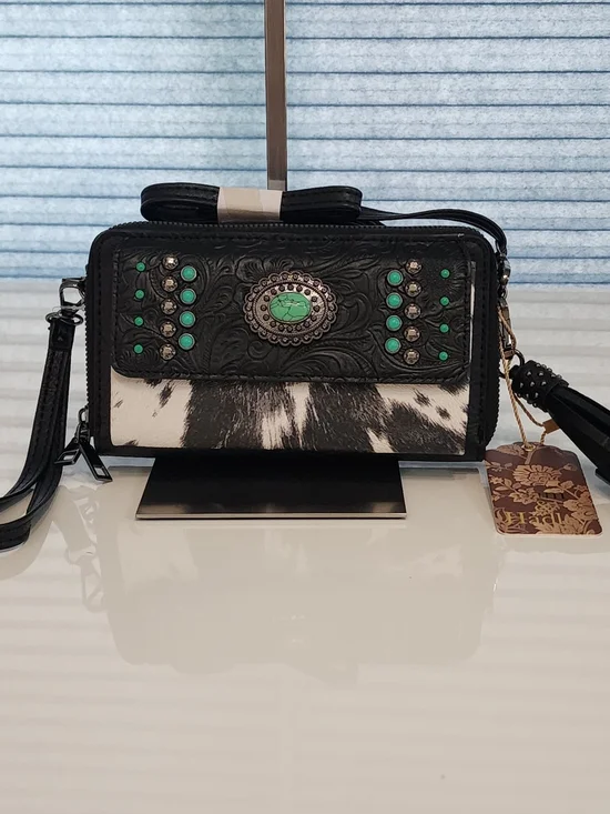 NWT Sam & Hadley Cowhide & Embossed Leather Crossbody w/ Turquoise Accents Black - Picture 1 of 12